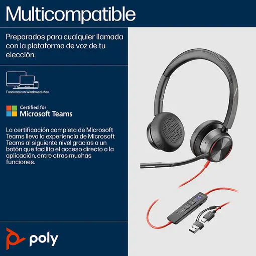 POLY Auriculares estéreo Blackwire 8225 USB-C + Adaptador USB-C/A