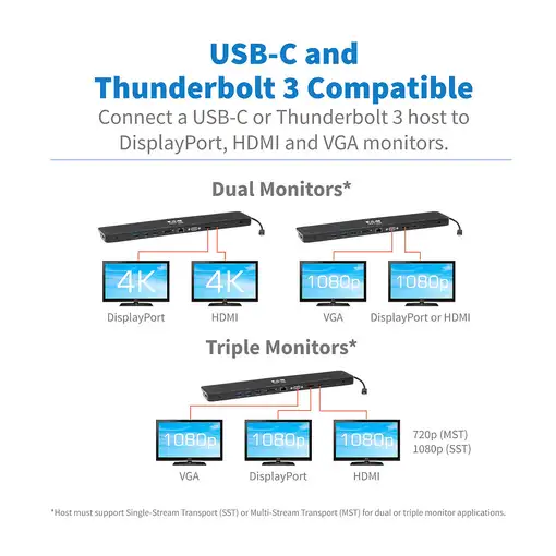 Tripp Lite U442-DOCK7D-B Estación de Conexión USB C, Pantalla Triple - 4K HDMI y D