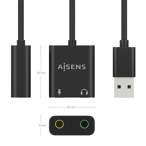 AISENS Conversor USB-A a Audio 48KHz, USB-A/M-2xJack 3.5/H, Negro, 10 cm