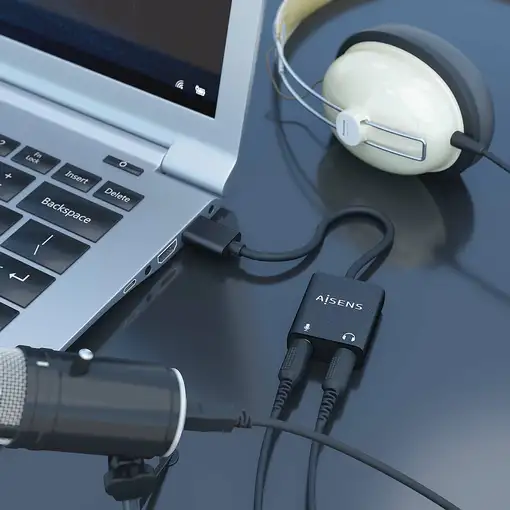 AISENS Conversor USB-A a Audio 48KHz, USB-A/M-2xJack 3.5/H, Negro, 10 cm