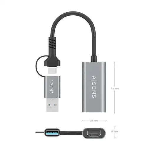 AISENS Conversor Aluminio USB-A+USB-C A HDMI 1080P@60Hz, USB-A/M+USB-C/M-HDMI/H, G