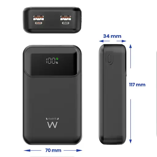 Ewent Power Bank de 65W y 20,000 mAh – Batería Externa de Carga Rápida con Entrada