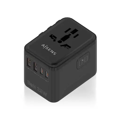 AISENS Adaptador Enchufe Universal Para Viaje EU/USA/UK/AU Con Cargador USB GaN, 2