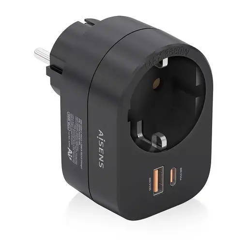 AISENS Regleta De Pared Multifuncion Con 1 Toma + 1xUSB-C 20W PD3.0, 1xUSB-A 20W Q