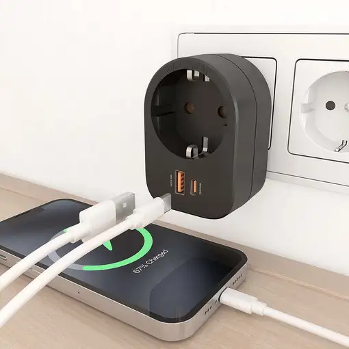 AISENS Regleta De Pared Multifuncion Con 1 Toma + 1xUSB-C 20W PD3.0, 1xUSB-A 20W Q