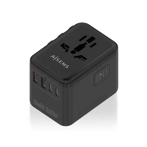 AISENS Adaptador Enchufe Universal Para Viaje EU/USA/UK/AU Con Cargador USB GaN, 2