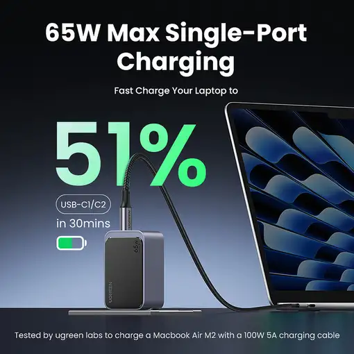 Ugreen Nexode Air 65W sieninis kroviklis, USB + 2x USB-C pilkos spalvos Ordenador