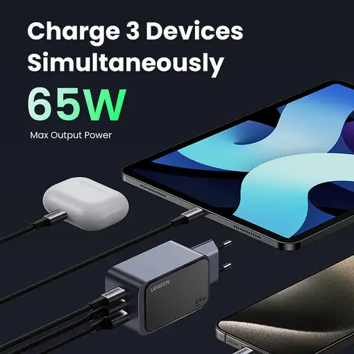 Ugreen Nexode Air 65W sieninis kroviklis, USB + 2x USB-C pilkos spalvos Ordenador