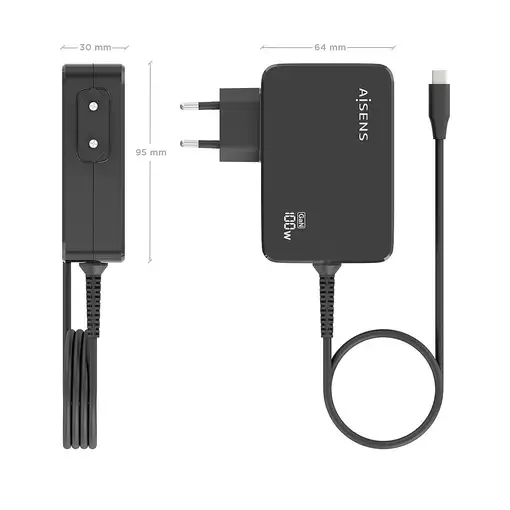 AISENS Cargador GaN 100W PD3.0 1xUSB-C 1.8m, Negro