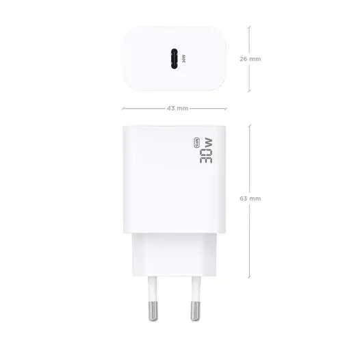 AISENS Cargador GaN 30W, 1xUSB-C PD3.0, Blanco
