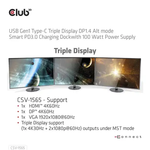 CLUB3D USB Gen1 Type-C Triple Display DP1.4 Alt mode Smart PD3.0 Charging Dock con
