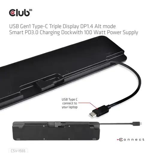 CLUB3D USB Gen1 Type-C Triple Display DP1.4 Alt mode Smart PD3.0 Charging Dock con