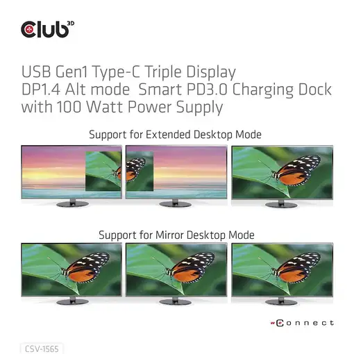 CLUB3D USB Gen1 Type-C Triple Display DP1.4 Alt mode Smart PD3.0 Charging Dock con