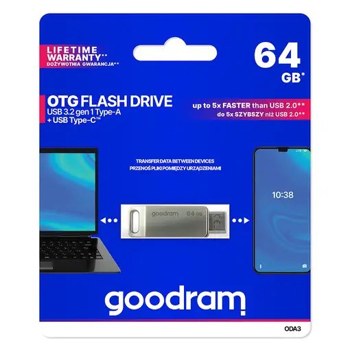 Goodram ODA3 unidad flash USB 64 GB USB Type-A / USB Type-C 3.2 Gen 1 (3.1 Gen 1)