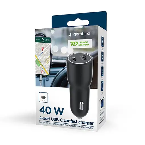 Gembird TA-UC-C2PD40-CAR-01 cargador de dispositivo móvil Universal Negro Encended