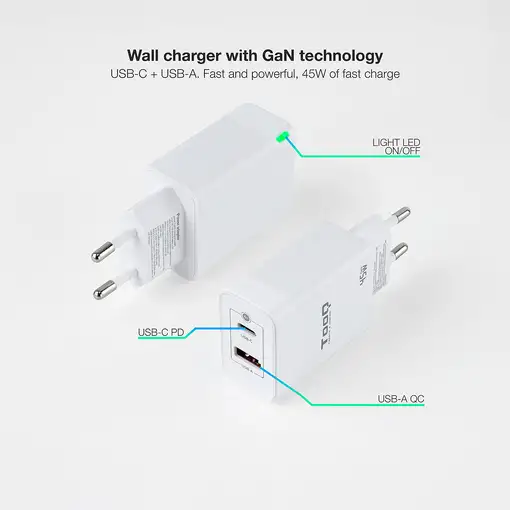 TooQ Cargador de Pared GaN USB-C/PD + USB-A/QC 45W, Blanco