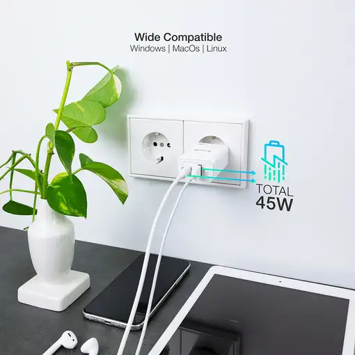 TooQ Cargador de Pared GaN USB-C/PD + USB-A/QC 45W, Blanco