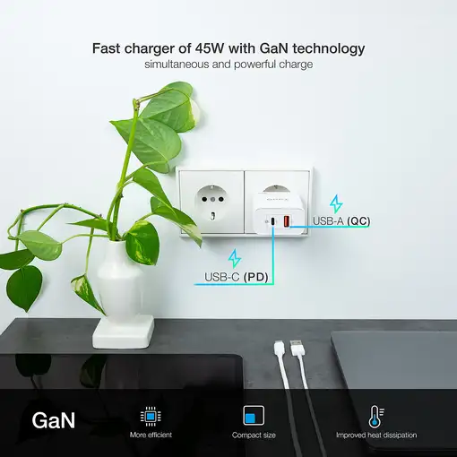 TooQ Cargador de Pared GaN USB-C/PD + USB-A/QC 45W, Blanco