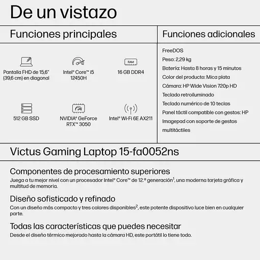 HP Victus Gaming Victus 15-fa0052ns Intel® Core™ i5 i5-12450H Portátil 39,6 cm (15