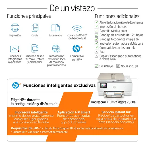 HP ENVY Inspire 7920e Inalámbrico All-in-One Color Impresora, Instant Ink; Fotocop
