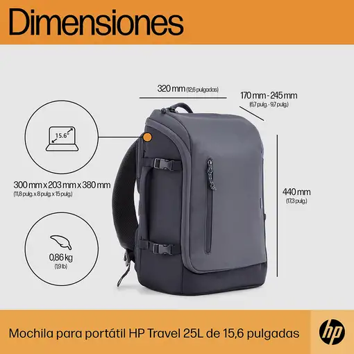 HP Mochila para portátil Travel de 15,6 pulgadas y 25 litros gris hierro