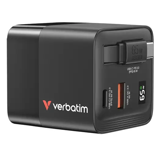 Verbatim GaN Charger 65W Universal Negro Corriente alterna Carga rápida Interior