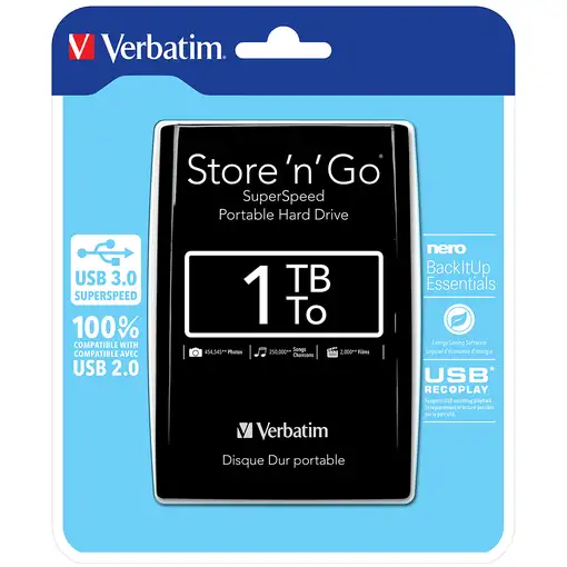 Verbatim Disco Duro Portátil Store 'n' Go USB 3.0 de 1 TB en color Negro