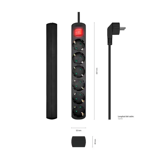 AISENS Base Multiple 6 Tomas Con Interruptor Con Cable 3x1.5mm2, Negro, 1.4m